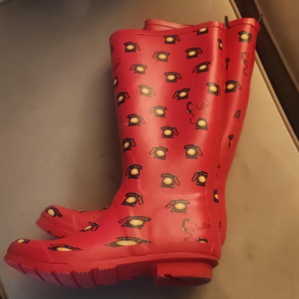 Anthropologie Red Telephone Print Rain Boots
